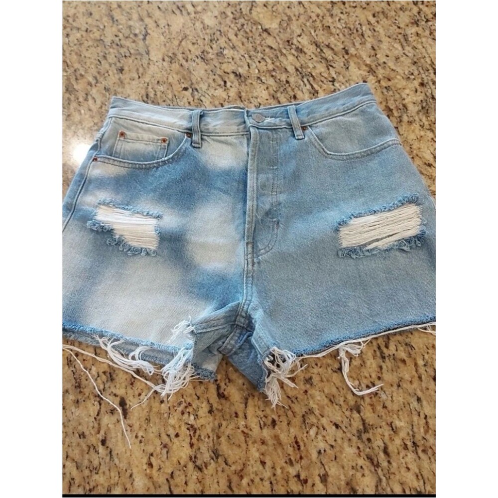 High-Rise Distressed Denim Shorts - Light Blue